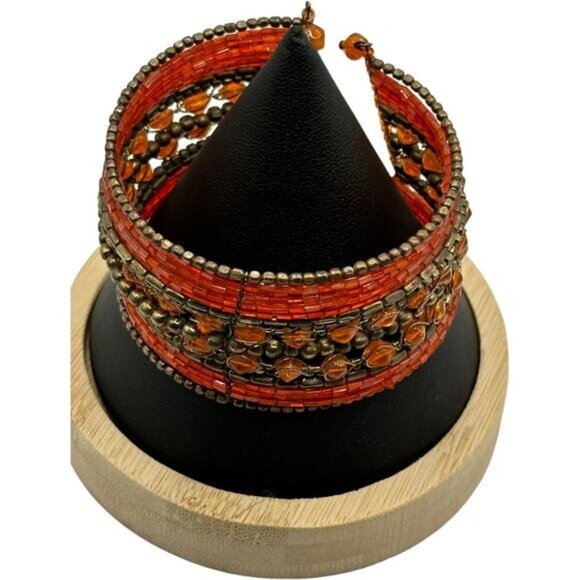 Wide Orange & Bronze Beaded Bracelet Cuff - Picture 3 of 5